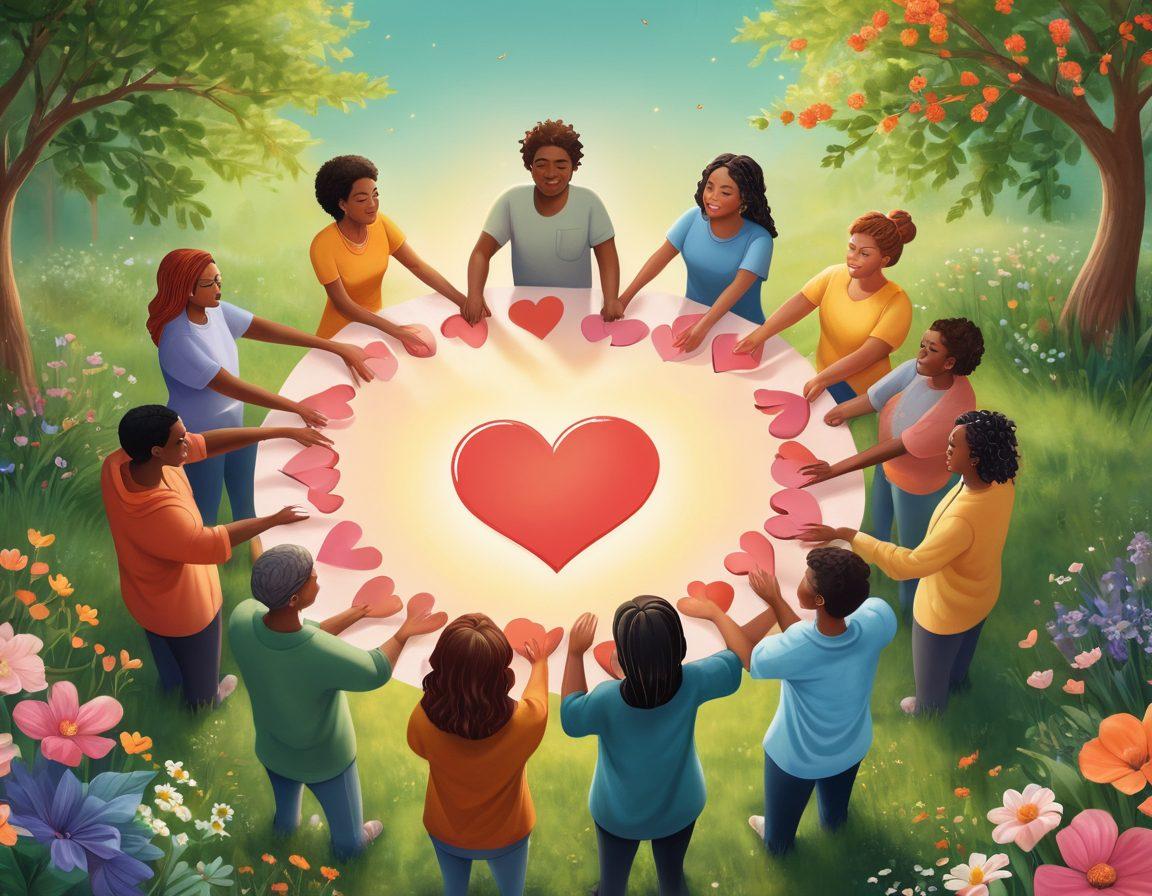 An illustration of a diverse group of people supporting one another in a circle, each holding a heart symbol, symbolizing community strength and self-care. In the background, serene nature elements like trees and flowers represent healing and empowerment. Bright, uplifting colors evoke a sense of hope and positivity. soft-focus, warm lighting. super-realistic.
