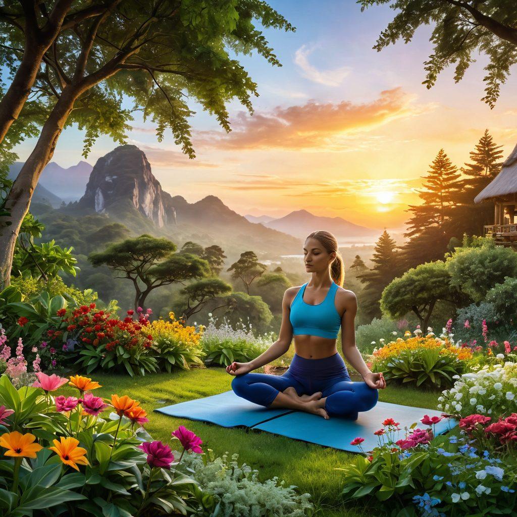 A serene landscape depicting a person practicing yoga at sunrise, surrounded by lush greenery and colorful flowers, symbolizing tranquility and renewal. Include elements like a notebook with health tips, a smoothie bowl, and nature trails in the background. The scene conveys a sense of balance, growth, and vitality essential for a healthy lifestyle. super-realistic. vibrant colors. peaceful atmosphere.